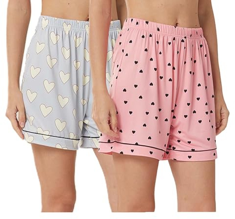 YUSHOW Lot de 2 Bas de Pyjama Femme Court été Imprimé Love Pantalon de Pyjamas Doux et Confortable Vêtements de Nuit Comfy Loungewear,Bleu Clair Love+Rose Love,M
