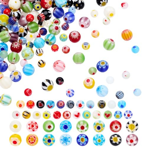 WADORN 330 Stück Lampwork Glasperlen, 4mm 6mm Handgefertigt Blumen Millefiori Runde Perlen Gemischte Farben Lose Abstandshalter Mosaikperlen Für Armbänder Halsketten Schmuckherstellung, 1mm Loch
