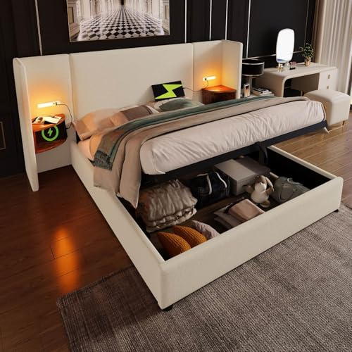 PUGSDRLY Lit Coffre 160x200cm avec Table de Nuit,Lampe de Lecture et Port USB Type-C,Lit Double de Rangement avec Sommier à Lattes,Tête de lit capitonnée,sans Matelas (Beige-Lin, 160x200)