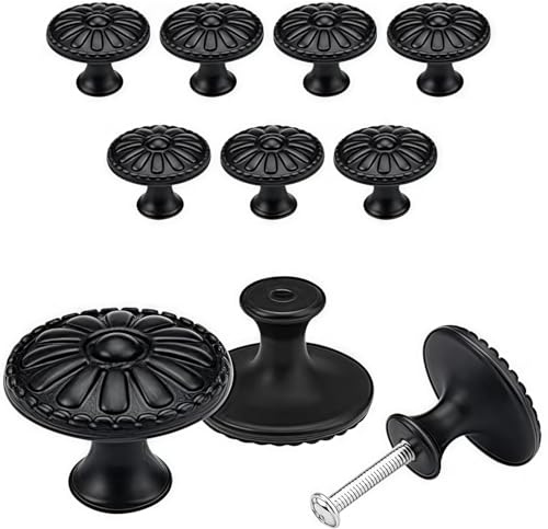 Ezranova Schrankknöpfe, Packung von 4 Möbelknöpfen, schwarze Blumen Muster, Runde Schublade Griffe, Komode Knöpfe, Möbelknöpfe, schwarze Vintage Schublade Knöpfe Set, Schrankknöpfe für Möbel