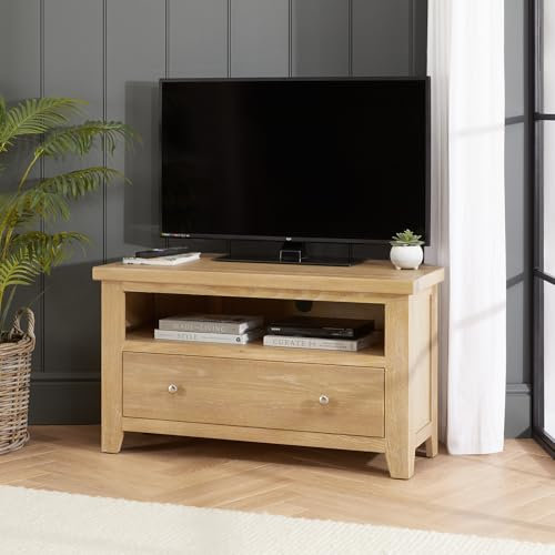 Cheshire Whitewash Oak Corner TV Unit | Solid Oak TV Stand for up to 50 Inch Screens | Compact Shaker Style Entertainment Cabinet | Classic Living Room Furniture | H 565 x W 1000 x D 500mm