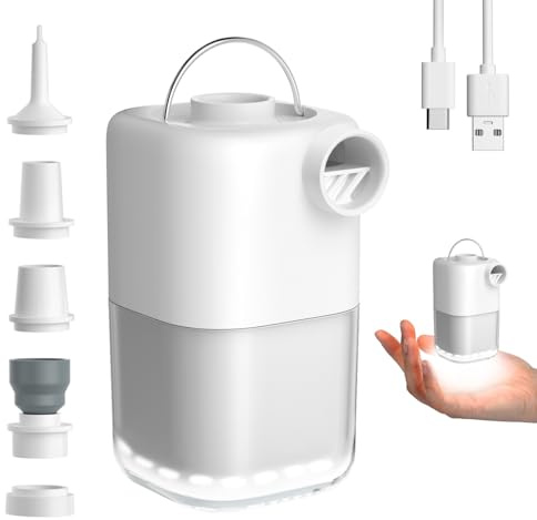 Tiny Air Pump, Portable Electric Air Pump, Mini Air Pump with 3 Brightness Levels & SOS Light Mode, Rechargeable, 4KPa Fast In/Deflating for Pool Floats/Air Bed/Vacuum Storage Bags, White