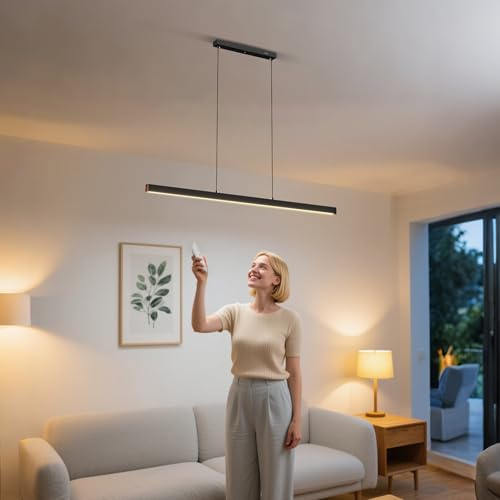 UISEBRT Moderne Pendelleuchte Schwarz 120cm, LED Hängeleuchte Hängend für Wohnzimmer, Deckenlampe Hängend 48W, Höhenverstellbar bis 115cm, Esszimmerlampe, Linear Design - Dimmbar