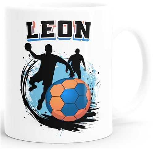 MoonWorks® Kindertasse Handball Design Tasse Lieblingssport personalisiert mit Name Geschenkidee Handballer Jungen Mädchen Weiss standard