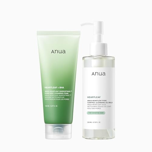 Anua Mild Double Cleanser Duo for Facial wash : Heartleaf Pore Control Cleansing Oil Mild & Heartleaf Quercetinol Pore Deep Face Wash for Double Cleansing, Blackhead Remover, Korean Skincare