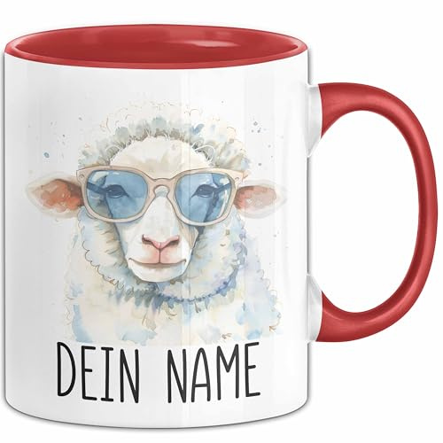 Schaf Tasse mit Namen – Personalisierte Tasse Geburtstag Geschenkidee süßes Schafmotiv Mit Sonnenbrille Cool Namenstasse (Rot)