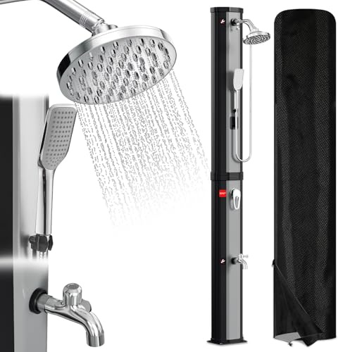 Peviasot Solardusche 60L Solar Gartendusche warmes Wasser Bis Zu 60°C Ohne Stromanschluss mit Handbrause und schwenkbarem Regenduschkopf inkl. Montagematerial Schutzhülle Silber-Schwarz