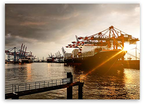 ge Bildet Bild auf Leinwand | Hamburger Hafen in 100x70 cm als Wandbild | Wand-deko Dekoration Wohnung modern Bilder | 1247