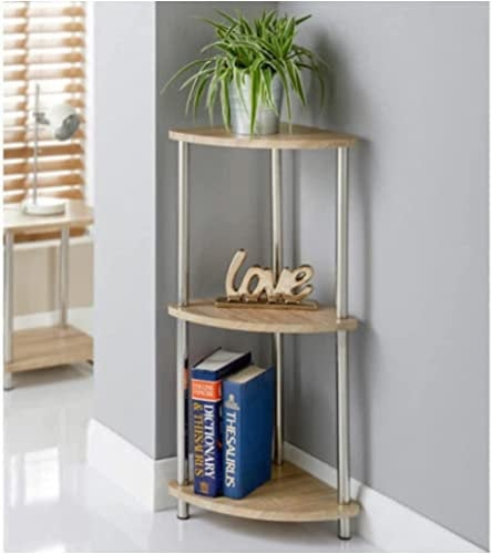 Svar Oak Finish 3 Tier Corner Storage Shelves Unit Stainless Steel Legs