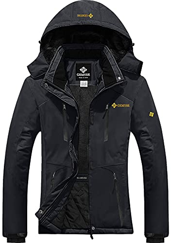 GEMYSE Femme Veste de Ski Imperméable de Montagne Manteau d'hiver Extérieur en Polaire Coupe-Vent avec Capuche (Noir 06,L)
