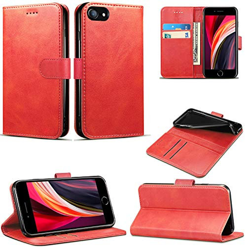 Case for iPhone SE 2022 / iPhone SE 2020, Slim PU Leather Flip Protective Magnetic Wallet Cover With Card Holder and Stand Function Compatible With Apple iPhone SE 2022 / SE 2020 (4.7) (Red)