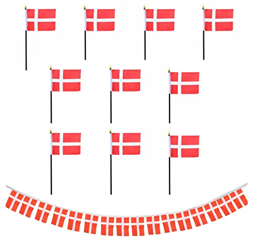 Sonia Originelli Fanset Fanartikel Fahnengirlande und 10 Minifahnen für die Hand oder den Tisch EM WM Fussball, Farbe: Dänemark