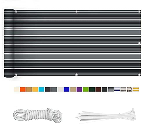 Balkon Sichtschutz, Balkonabdeckung 220 g/m² Innen Balkonverkleidung UV-Schutz (210Größen&21Farben) mit Ösen Kabelbinder und Kordel für Balkongeländer Terrasse,90X800CM Schwarz-weiß gestreift