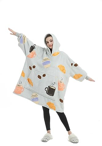 iyoimono Hoodie Decke für Damen Flanell Fleece Pullover Sweatshirt Decke Flauschige Sherpa TV-Decke mit Ärmeln Übergroße Kapuzen Pullover Kuscheldecke Einheitsgröße(Grauer Blauer Becher)