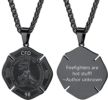 U7 Heiliger Florian Anhänger mit 55+5cm Weizenkette Schwarz Edelstahl St. Florian Medaille Halskette Schutzpatron der Feuerwehrleute Amulett Modeschmuck für Vater Sohn