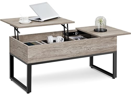 Yaheetech Table Basse Relevable, Table de Salon, 1 Plateau Relevable 1 Plateau Extensible, 2 Compartiements Cachés, en Bois et Structure Métallique 104,5 x 50 x 49cm Désign Industriel Gris