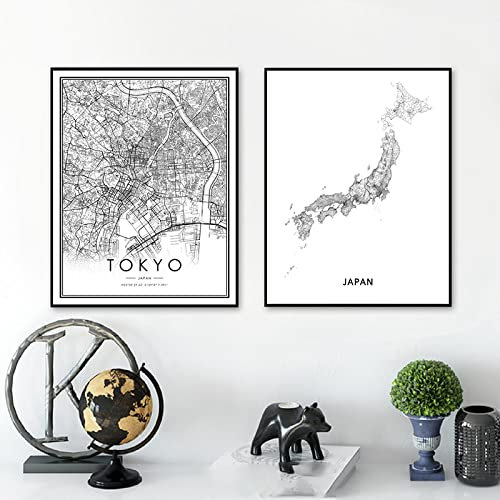 Japan Tokyo Stadtplan Poster Und Druck Schwarz Weiß Moderne Minimalistische Wandkunst Bilder Leinwand Malerei Home Office Decor 30x50cmx2 (12x20 X2) Rahmenlos