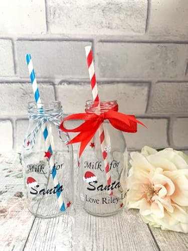 Personalised Santa's Milk Bottle with Straw, Christmas Eve Decor For Children, Xmas Tradition Milk bottle for Santa in Red or Blue