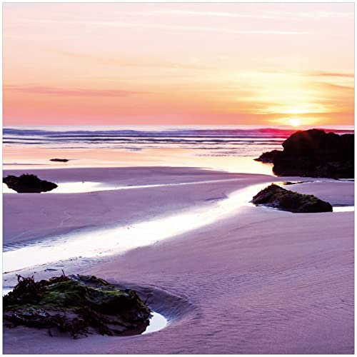 Wallario Glasbild Sonnenuntergang am einsamen Strand - 30 x 30 cm Wandbilder Glas in Premium-Qualität: Brillante Farben, freischwebende Optik