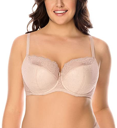 Vivisence Underwired Bra Lace Semi Padded Bra Half-Padded Cups Floral Lace Details Adjustable Straps Side Seam Boning Perfect for Elegant Gift, Beige,38DD