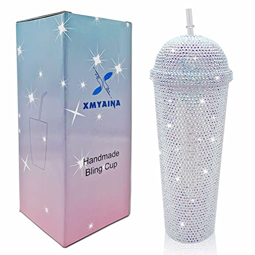 XMYAINA 680 ml Bling Cup handgefertigte Strasssteine Trinkbecher doppelwandig isolierte Kunststoff Wasserflasche mit Deckel und Strohhalmen (milchweiß)