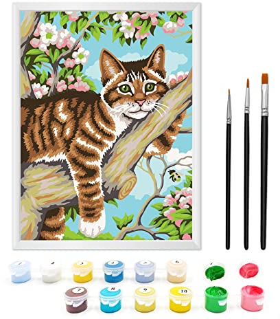Zimrobin Malen Nach Zahlen ab 7 8 9 Jahre Mädchen und Junge, Malen Nach Zahlen für Kinder mit Rahmen 3 Pinsel und Acrylfarben, 18 X 24cm(Katze im Baum)