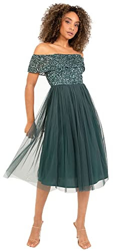 Maya Deluxe Women's Ladies Bardot Dresses Midi High Empire Waist Sequins Embellished Formal Evening for Wedding Guest Bridesmaid, Emerald Green, 24