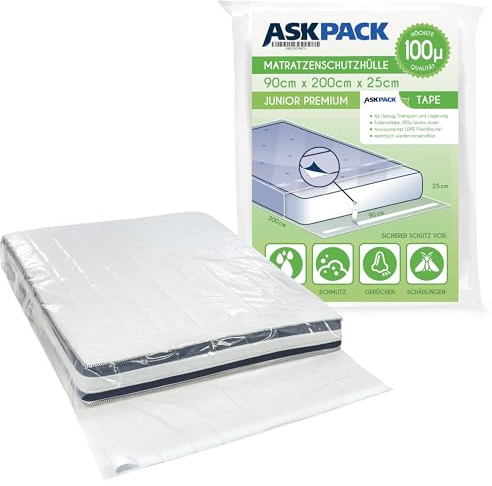 ASK Pack Housses de Protection pour Matelas avec Fermeture Adhésive - Tailles de XS à XXL, Réutilisable et Imperméable, Ultra-Résistant Matérielle (100µ) - Idéal pour Le Transport (90 x 200 cm)
