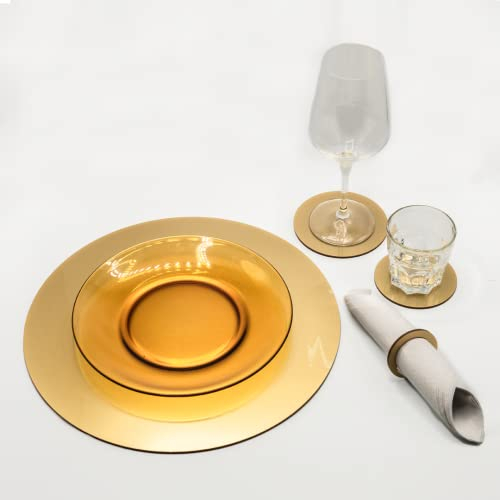 IKONA, Set Mise En Place Rotondo, Sottopiatto Ø 33cm, Due Sottobicchieri Ø 9cm e Ø 11cm, Un Porta Tovagliolo, Per Una Tavola Elegante, Colore Oro, Made In Italy, In Plexiglass 3mm