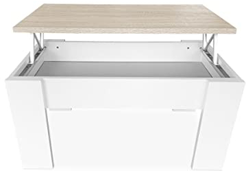 Somnia Descanso - Mesa de Centro Elevable, Mesita de Salón o Comedor, Acabado en Color Blanco con Tapa Cambria, Medidas: 90 cm (Ancho) x 50 cm (Fondo) x 46-57 cm (Alto)