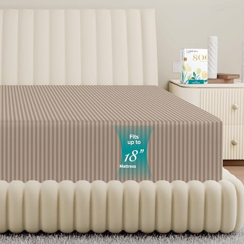 Carressa Linen Spannbettlaken aus 100 % ägyptischer Baumwolle, nur mit tiefen Taschen, Fadenzahl 800, weiches, kühlendes Spannbetttuch, passend für Matratzen bis zu 45,7 cm, Taupe gestreift