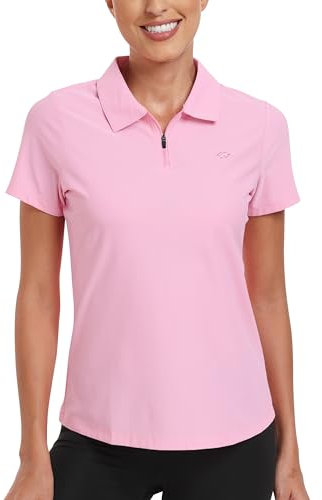 AjezMax Women's Short Sleeve Golf T-Shirts 1/4 Zip Lady-fit Quick Drying Summer Lightweight Sports Golf Tennis Work Tee Top Pink L