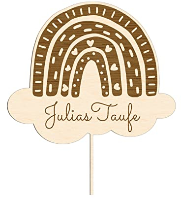 Alsino Cake Topper - personalisiert Wunschname Name - Regenbogen Holz Acryl - Geburtstag Taufe Kommunion Konfirmation Kindergeburtstag - Torte Kuchendeko, Größe: 10-25 cm (Holz Birke Multiplex)