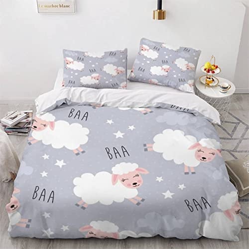 AKATIE Bettwäsche Schaf Süß Bettwäsche 135x200 Kinder Kawaii Bettbezug Set Weich Microfaser Kinderbettwäsche 3 Teilig Mit ReißVerschluss Mit 2 Kissenbezug 80x80 cm