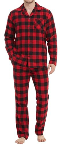 Mnamo Herren Pyjama Set 100% Baumwolle Herren Flanell Schlafanzug Kariert Lang Pyjama mit Tasche