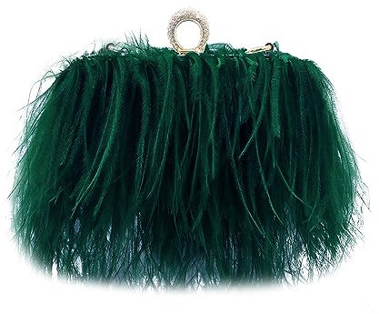 MOISTRI Mujeres Pluma de avestruz natural Bolso de noche Bolso de noche de brillo Bolso de noche de mujer Bolsos de fiesta Verde oscuro