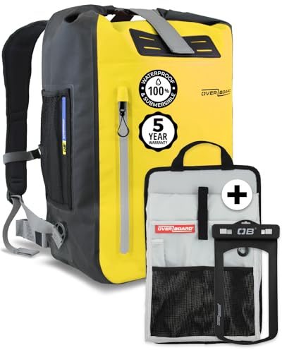 OverBoard Yellow Explorer Waterproof Backpack 45L Bundle| Roll Top Floating Dry Bag for Kayaking, Beach, Boating, Hiking, Rafting| Includes Waterproof Phone Case and Backpack Organiser(Yellow,45 Litre