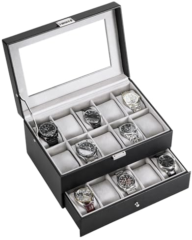 ProCase Uhrenbox mit 20 Fächern, Uhrenkasten mit Glasdeckel, Uhrenkoffer mit Uhrenkissen, Uhrenaufbewahrung, Premium-Uhrenschatulle, PU-Leder Uhrenkasten, Watch Box für Herren - 20 Fächer, Schwarz