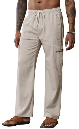 Breampot Herren Leinenhose Lang Leicht Sommerhose Baumwolle Cargo Loose Freizeithose mit Kordelzug (Khaki, XX-Large)