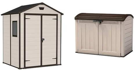 Keter Manor Outdoor Apex Double Door Garden Storage Shed 6 x 5ft Beige Brown Wood effect | Fade Free & Store It Out Ultra Outdoor Garden Storage Shed, 177 x 113 x 134 cm - Beige and Brown