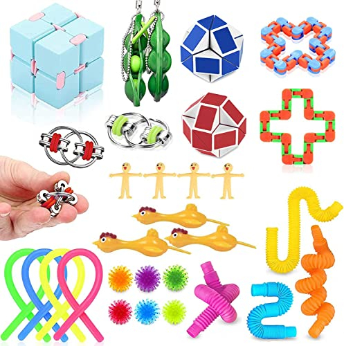 Juguetes Antiestrés 30 PCS, Juguetes Sensoriales Antiestrés Fidget Toys, Cubo Mágico Serpiente/Tubos Pop Sensoriales para Autismo TDAH para Adultos y Niños, Regalos Cumpleaños para Fiestas Infantiles