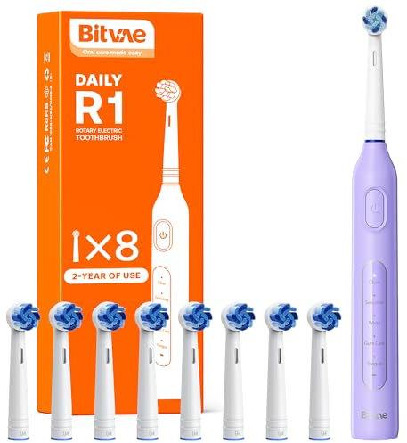 Brosse à dents électrique pour Adultes et Enfants,Brosse à dents Rotative avec 8 têtes de Brossage, 60 jours d'autonomie de la Batterie, 5 Modes, Violet
