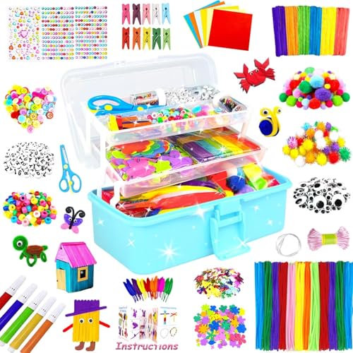 3000 Activites Manuelles pour Enfants Bricolage Enfants Kits de Loisirs Créatifs Boîte de Bricolage à 3 Niveaux avec Pipe Cleaners pour Enfants de 4-6, 6-8, 8-12 ans Cadeaux pour Filles Garçons, Bleu