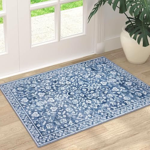 SILOLOOM Vintage Entryway Rug 2x3, Blue and White Washable Accent Rug, Non-Slip Small Area Carpet, Floral Print Faux Wool Soft Mat for Front Door, Kitchen, Bedside