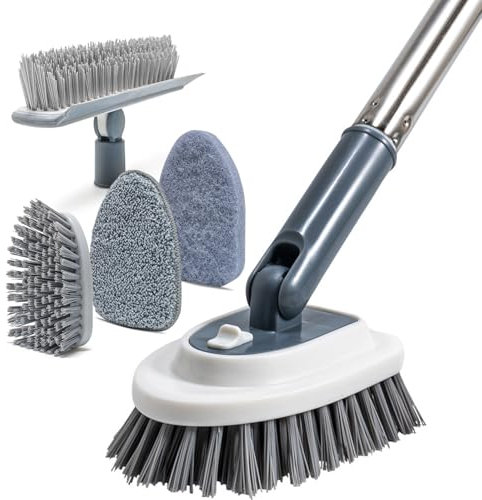 Shiergongli 4-in-1 Bathroom Tub Tile Scrubber with 120cm Long Handle, 3-Section Handle – Bathroom Scrubber Set with Bristle Brush, Sponge, Microfibre Pad & Crevice Tool for Tile, Tub, Floor & Sink