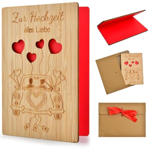 ZOGPLG Glückwunschkarte Hochzeit Hochzeitskarte Holz mit Umschlag Holz Herz Liebesbrief Karte für Valentinstag Jahrestag Einladungskarten Familie Grußkarten,Einladungskarten Hochzeitsauto