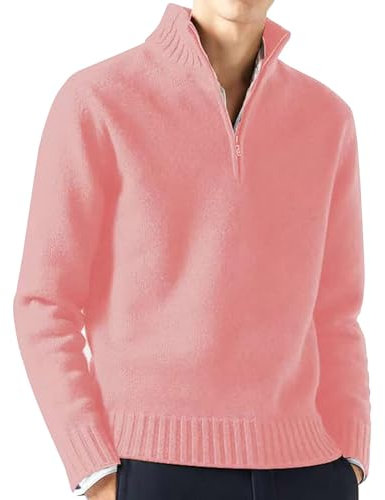Pull tricoté à col roulé à manches longues pour homme - Chaud - Coupe régulière - Pull de golf décontracté - Couleur unie, rose, L