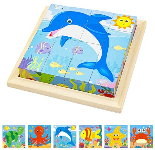 Würfelpuzzle Holz, 3D Bilderwürfel Puzzlespiele, 6 in 1 Tier-Motive Holzpuzzle Montessori Spielzeug mit 16 Würfel Lernspielzeug Holzspielzeug Geschenk für ab 1-8Jahren Jungen und Mädchen (Ozeane)