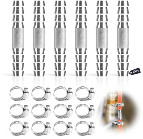 SUPAWAY Ensemble de 6 Pièces Raccord de Tuyau en I 8mm, Connecteur de Tuyau Pneumatique, Raccord de Tuyau en I en Acier Inoxydable SUS 304, Connecteur de Tuyau à 2 Voies avec 12 Colliers pour Gaz, Eau