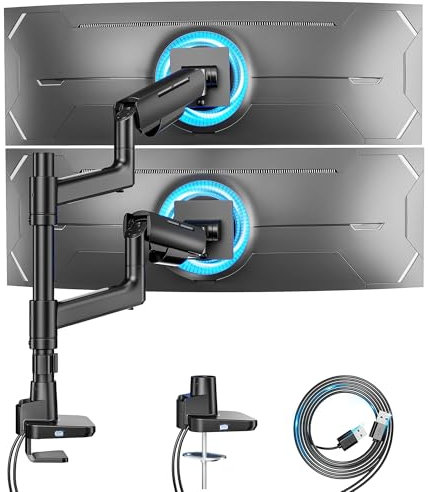 ARES WING Vertical Dual Monitor Mount for 17-49 Inch Ultrawide Heavy Duty Curved Screen Stacking, Computer Monitor Arm Desk Mount with USB, Gas Spring Adjustable Vesa Stand, Black